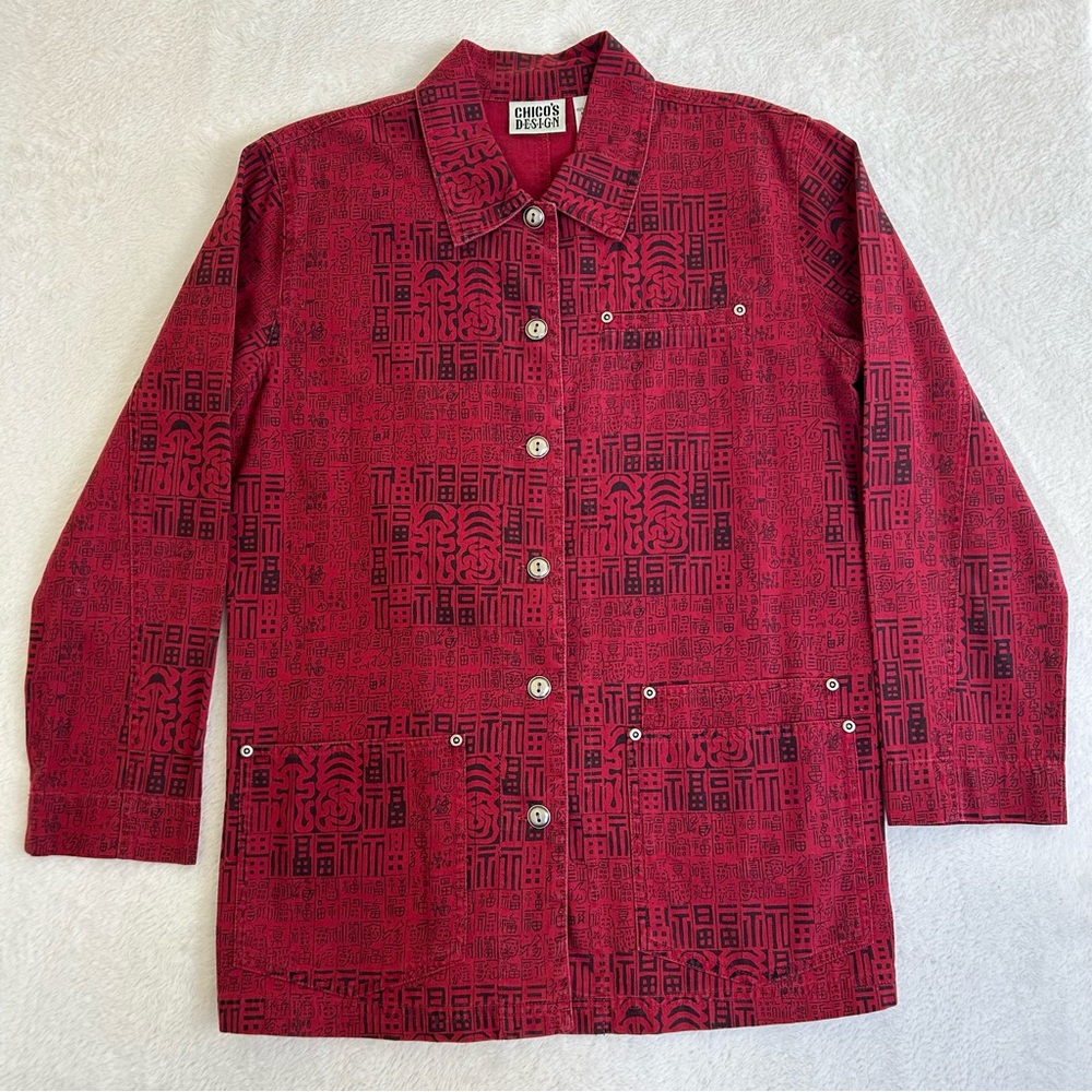 Chico's Design Women's Jacket Size 1 Red Denim Geometric Long Sleeve Button Up